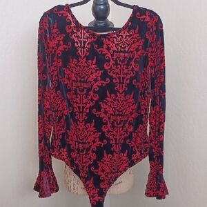 Killstar Red and Black Velvet Damask Bodysuit